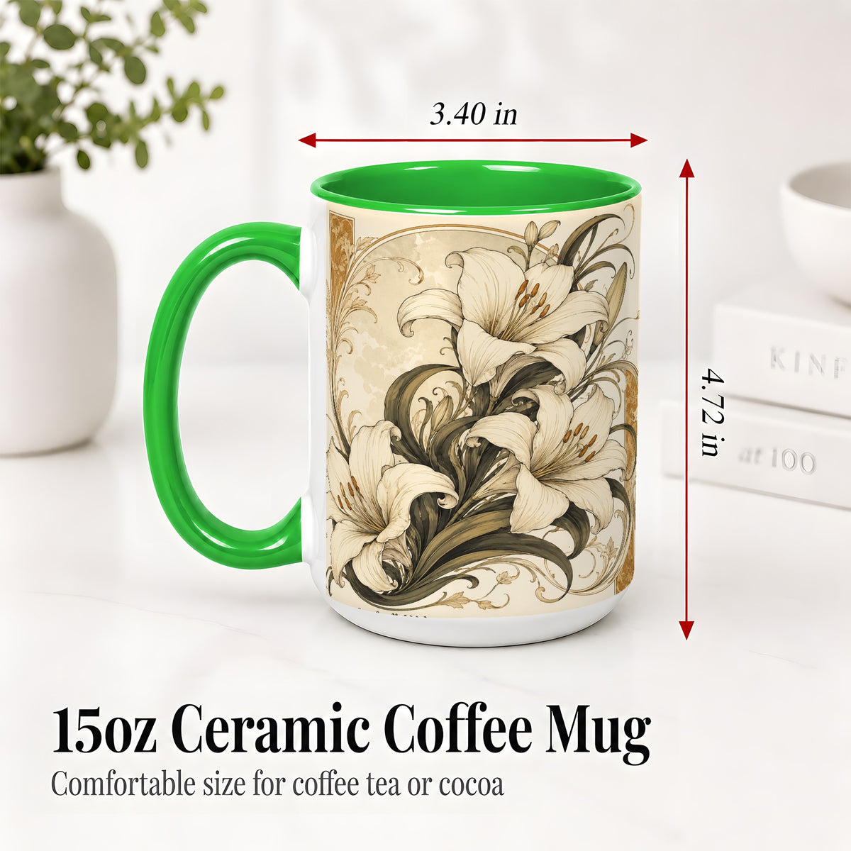 #pl[15oz|Green] Vintage Lily Ceramic Mug, Art Nouveau Floral Design for Flower Fans