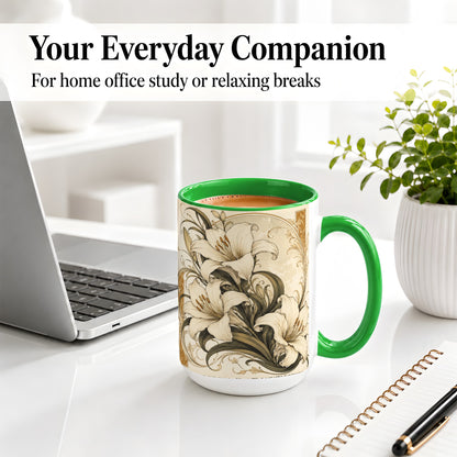 #pl[15oz|Green] Vintage Lily Ceramic Mug, Art Nouveau Floral Design for Flower Fans