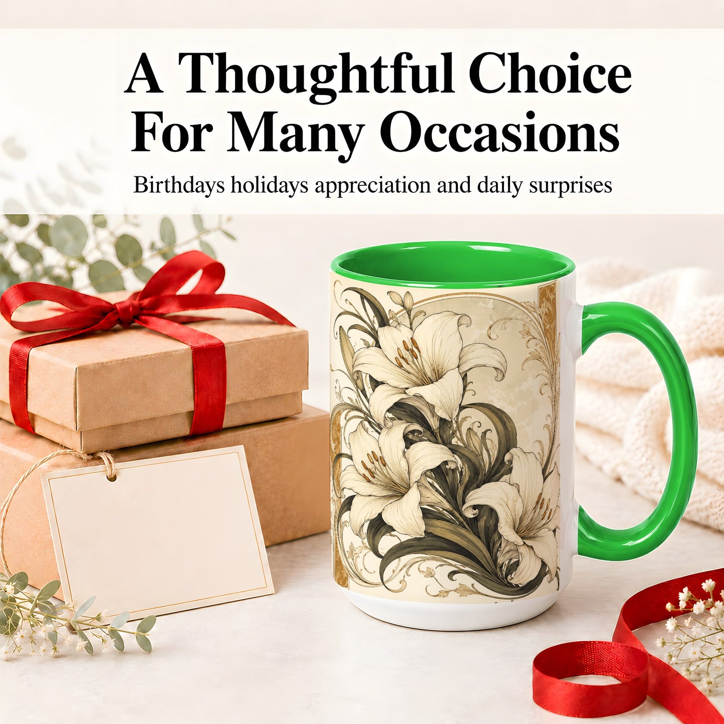 #pl[15oz|Green] Vintage Lily Ceramic Mug, Art Nouveau Floral Design for Flower Fans
