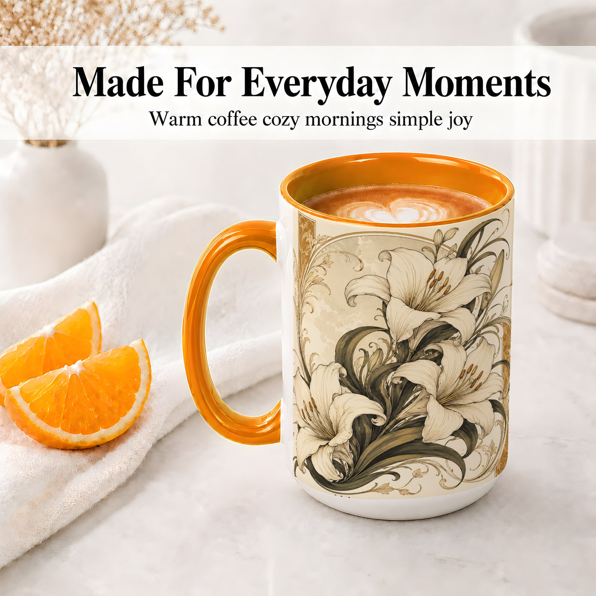 #pl[15oz|Orange] Vintage Lily Ceramic Mug, Art Nouveau Floral Design for Flower Fans