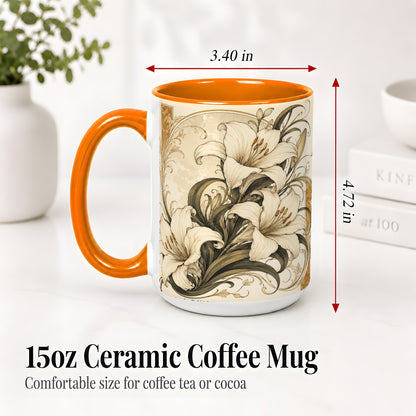 #pl[15oz|Orange] Vintage Lily Ceramic Mug, Art Nouveau Floral Design for Flower Fans