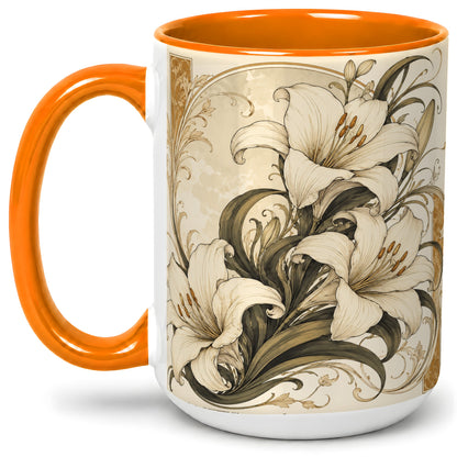 #pl[15oz|Orange] Vintage Lily Ceramic Mug, Art Nouveau Floral Design for Flower Fans
