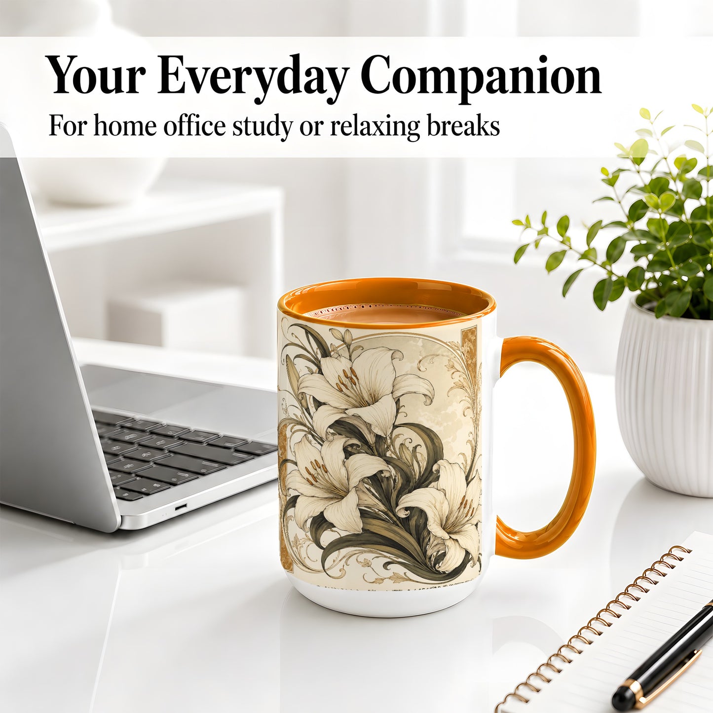#pl[15oz|Orange] Vintage Lily Ceramic Mug, Art Nouveau Floral Design for Flower Fans