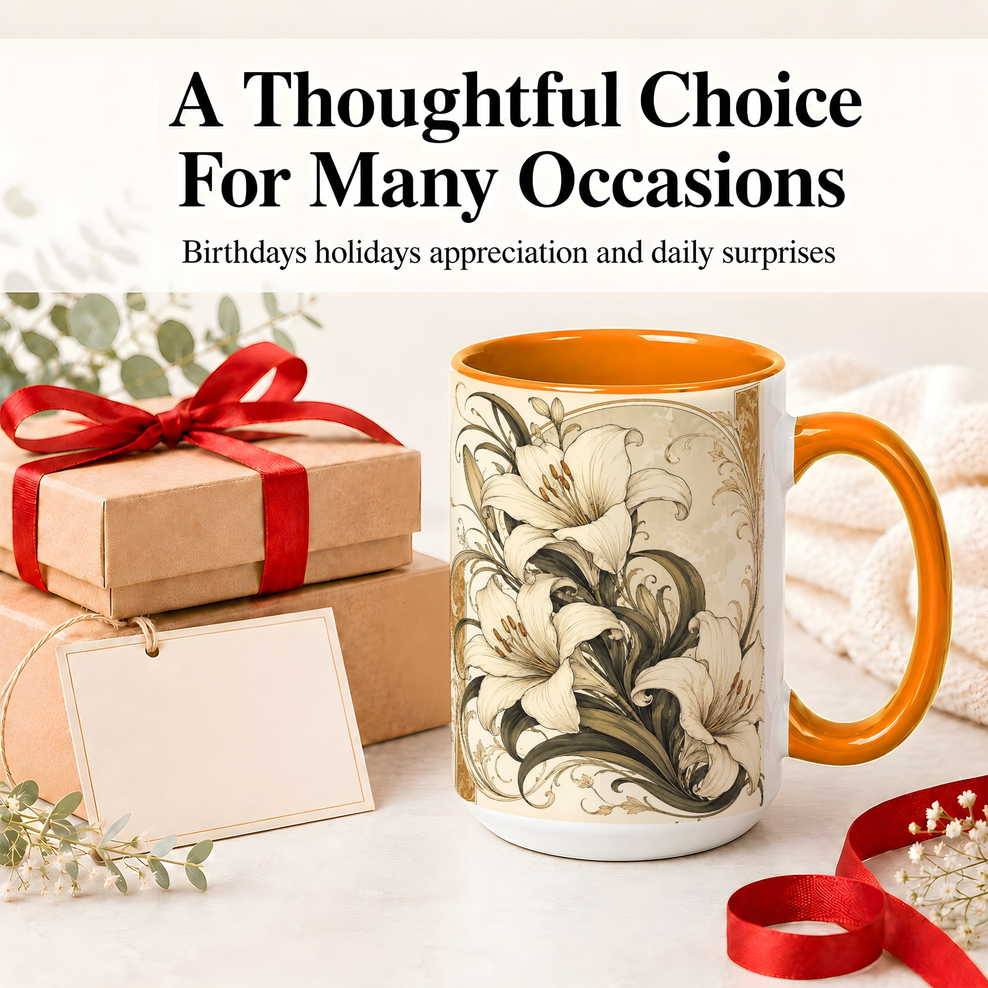 #pl[15oz|Orange] Vintage Lily Ceramic Mug, Art Nouveau Floral Design for Flower Fans