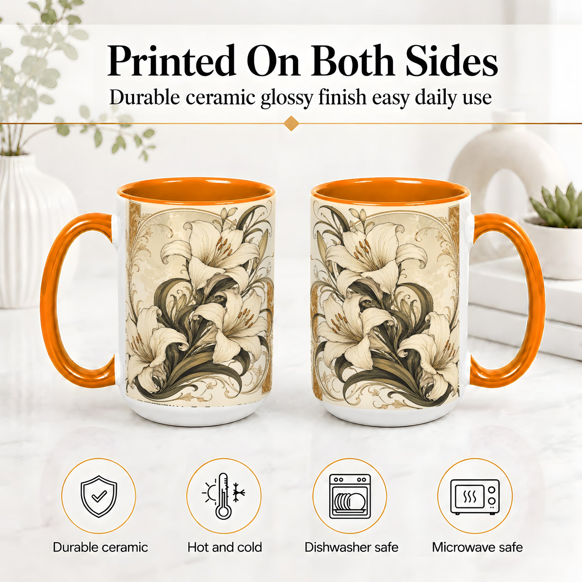 #pl[15oz|Orange] Vintage Lily Ceramic Mug, Art Nouveau Floral Design for Flower Fans