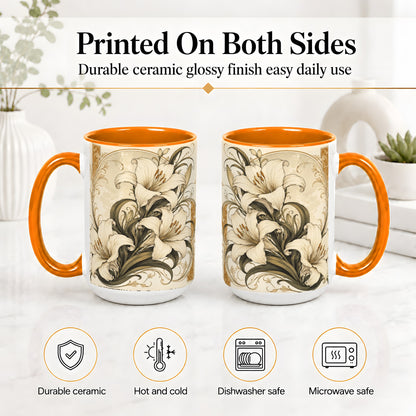 #pl[15oz|Orange] Vintage Lily Ceramic Mug, Art Nouveau Floral Design for Flower Fans