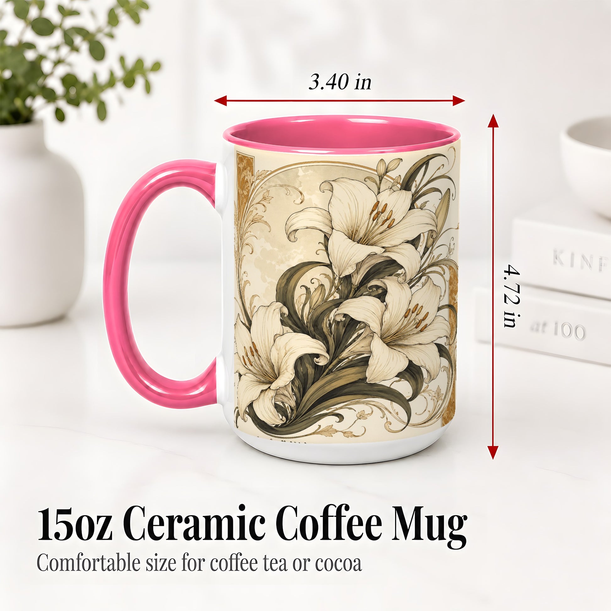 #pl[15oz|Pink] Vintage Lily Ceramic Mug, Art Nouveau Floral Design for Flower Fans
