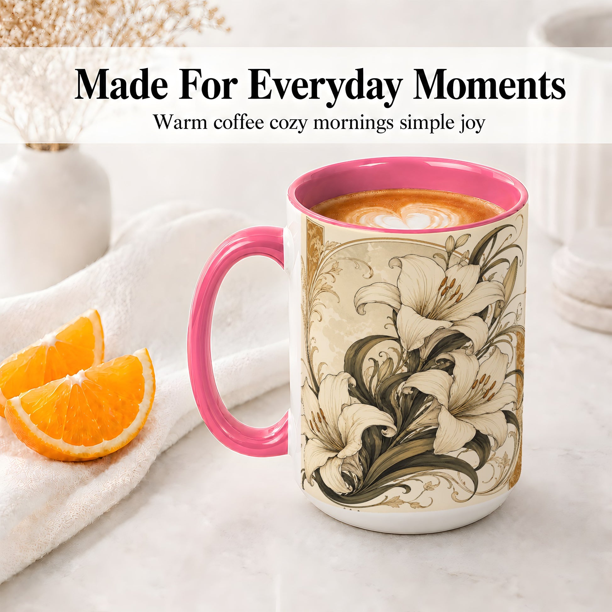 #pl[15oz|Pink] Vintage Lily Ceramic Mug, Art Nouveau Floral Design for Flower Fans