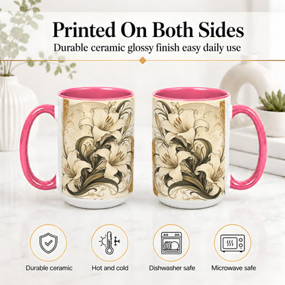 #pl[15oz|Pink] Vintage Lily Ceramic Mug, Art Nouveau Floral Design for Flower Fans