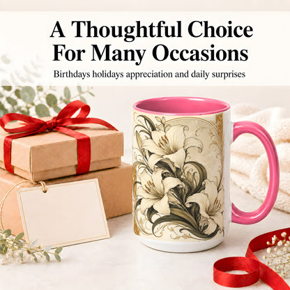 #pl[15oz|Pink] Vintage Lily Ceramic Mug, Art Nouveau Floral Design for Flower Fans
