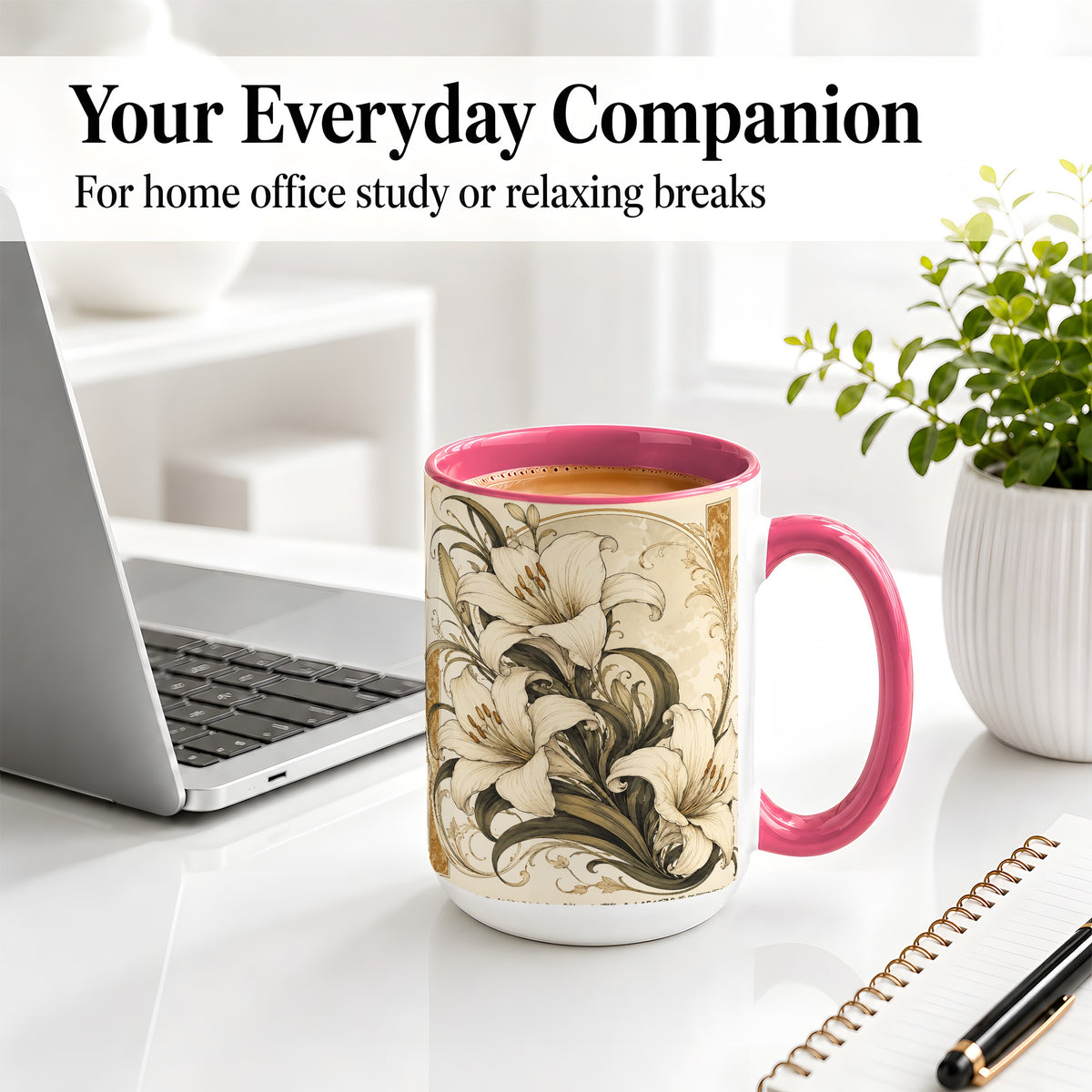 #pl[15oz|Pink] Vintage Lily Ceramic Mug, Art Nouveau Floral Design for Flower Fans