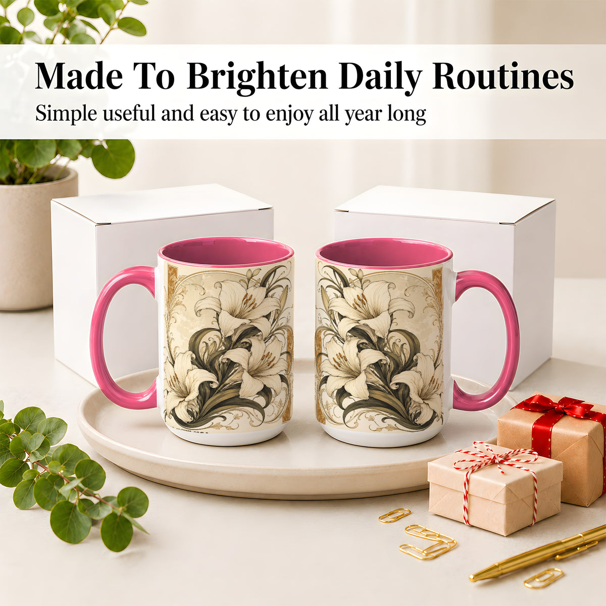 #pl[15oz|Pink] Vintage Lily Ceramic Mug, Art Nouveau Floral Design for Flower Fans