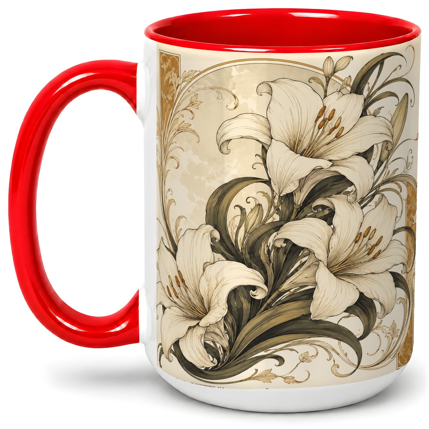 #pl[15oz|Red] Vintage Lily Ceramic Mug, Art Nouveau Floral Design for Flower Fans