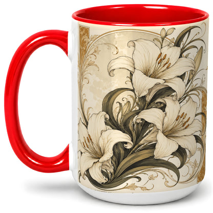 #pl[15oz|Red] Vintage Lily Ceramic Mug, Art Nouveau Floral Design for Flower Fans