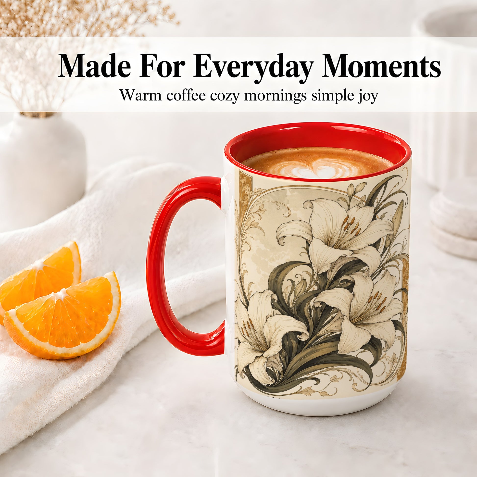 #pl[15oz|Red] Vintage Lily Ceramic Mug, Art Nouveau Floral Design for Flower Fans
