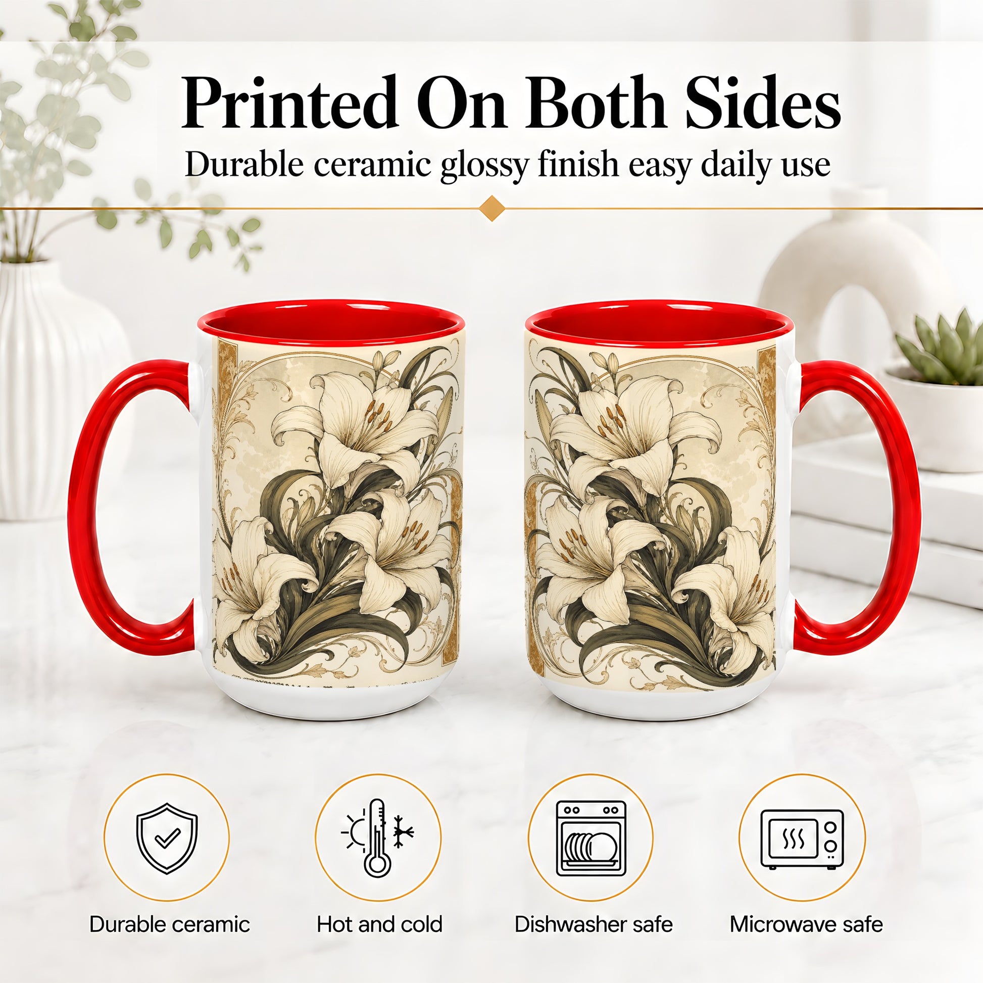 #pl[15oz|Red] Vintage Lily Ceramic Mug, Art Nouveau Floral Design for Flower Fans