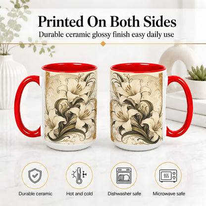 #pl[15oz|Red] Vintage Lily Ceramic Mug, Art Nouveau Floral Design for Flower Fans