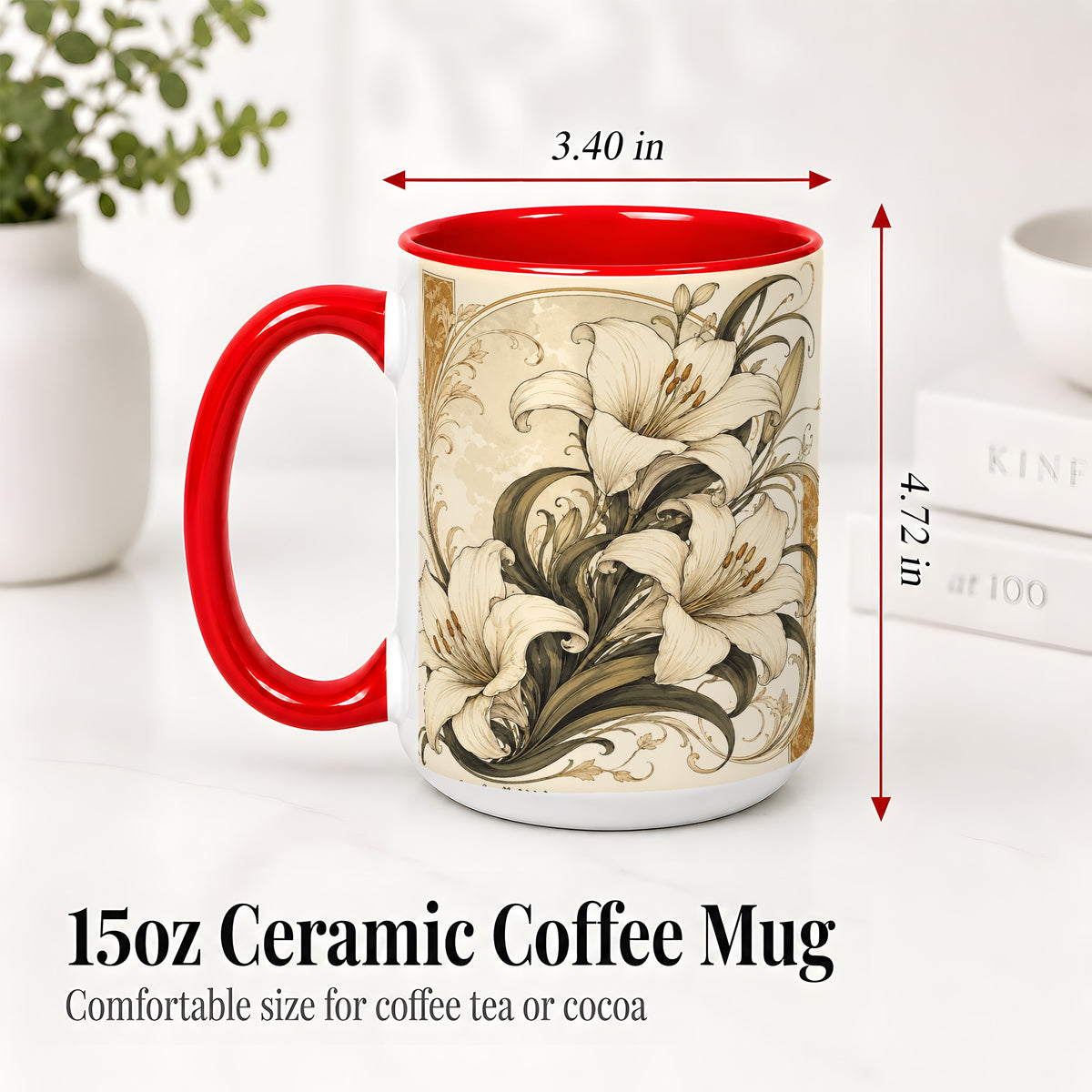 #pl[15oz|Red] Vintage Lily Ceramic Mug, Art Nouveau Floral Design for Flower Fans