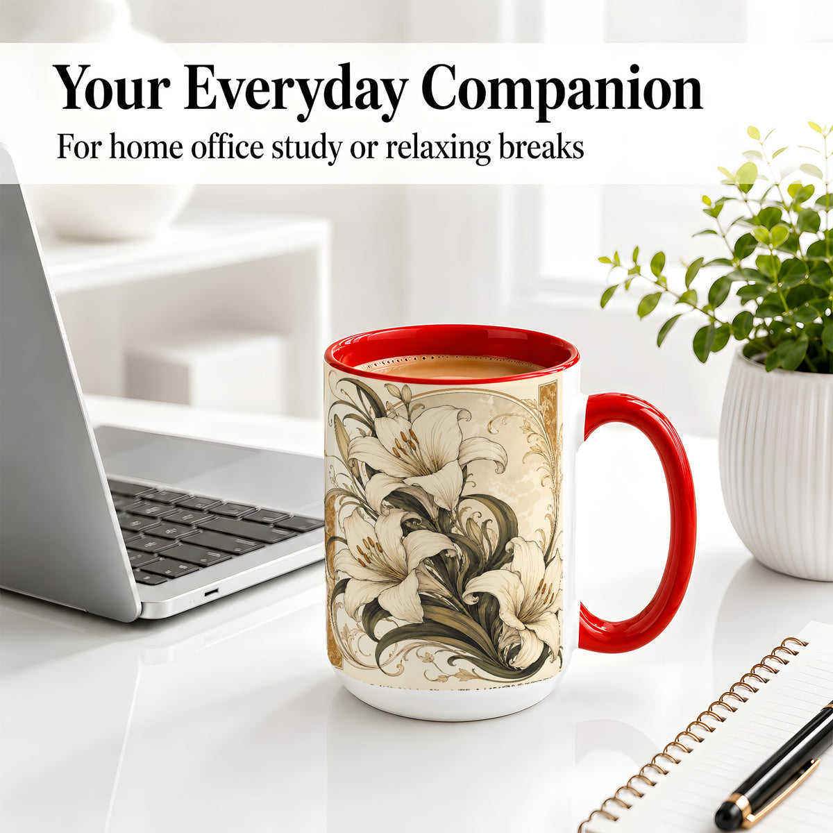 #pl[15oz|Red] Vintage Lily Ceramic Mug, Art Nouveau Floral Design for Flower Fans