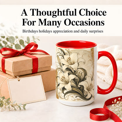 #pl[15oz|Red] Vintage Lily Ceramic Mug, Art Nouveau Floral Design for Flower Fans