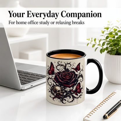 #pl[11oz|Black] Gothic Rose Skull Ceramic Mug, Red Butterfly Floral Art for Goth Fans