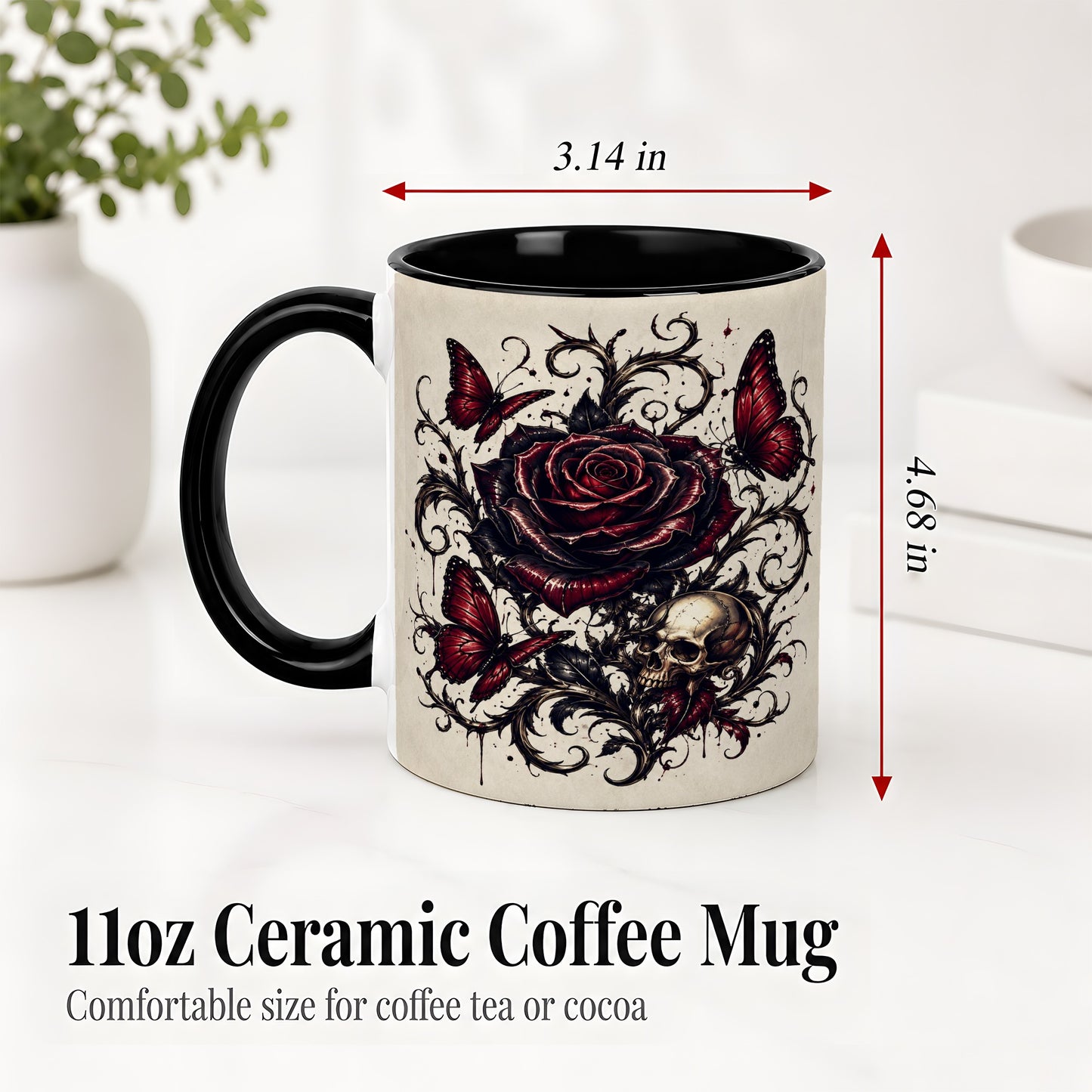 #pl[11oz|Black] Gothic Rose Skull Ceramic Mug, Red Butterfly Floral Art for Goth Fans