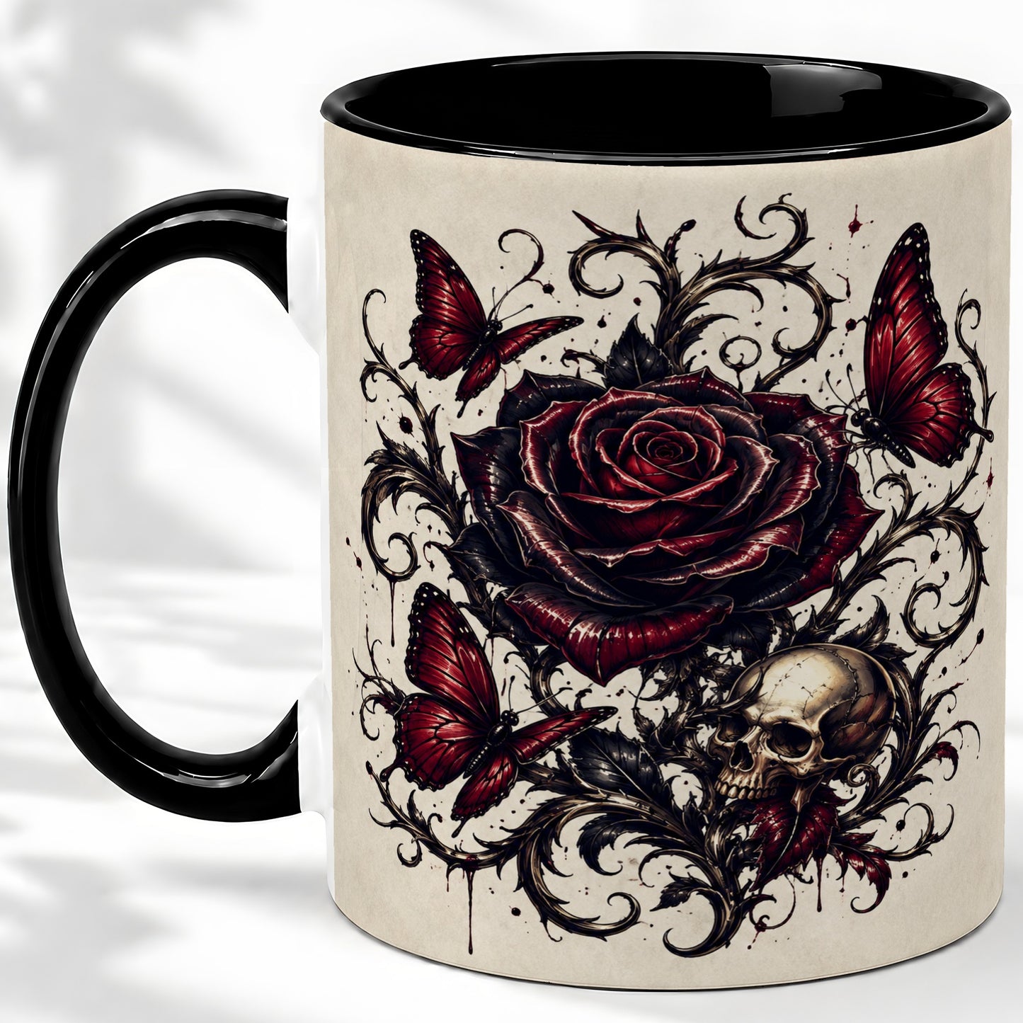 #pl[11oz|Black] Gothic Rose Skull Ceramic Mug, Red Butterfly Floral Art for Goth Fans
