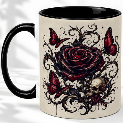 #pl[11oz|Black] Gothic Rose Skull Ceramic Mug, Red Butterfly Floral Art for Goth Fans