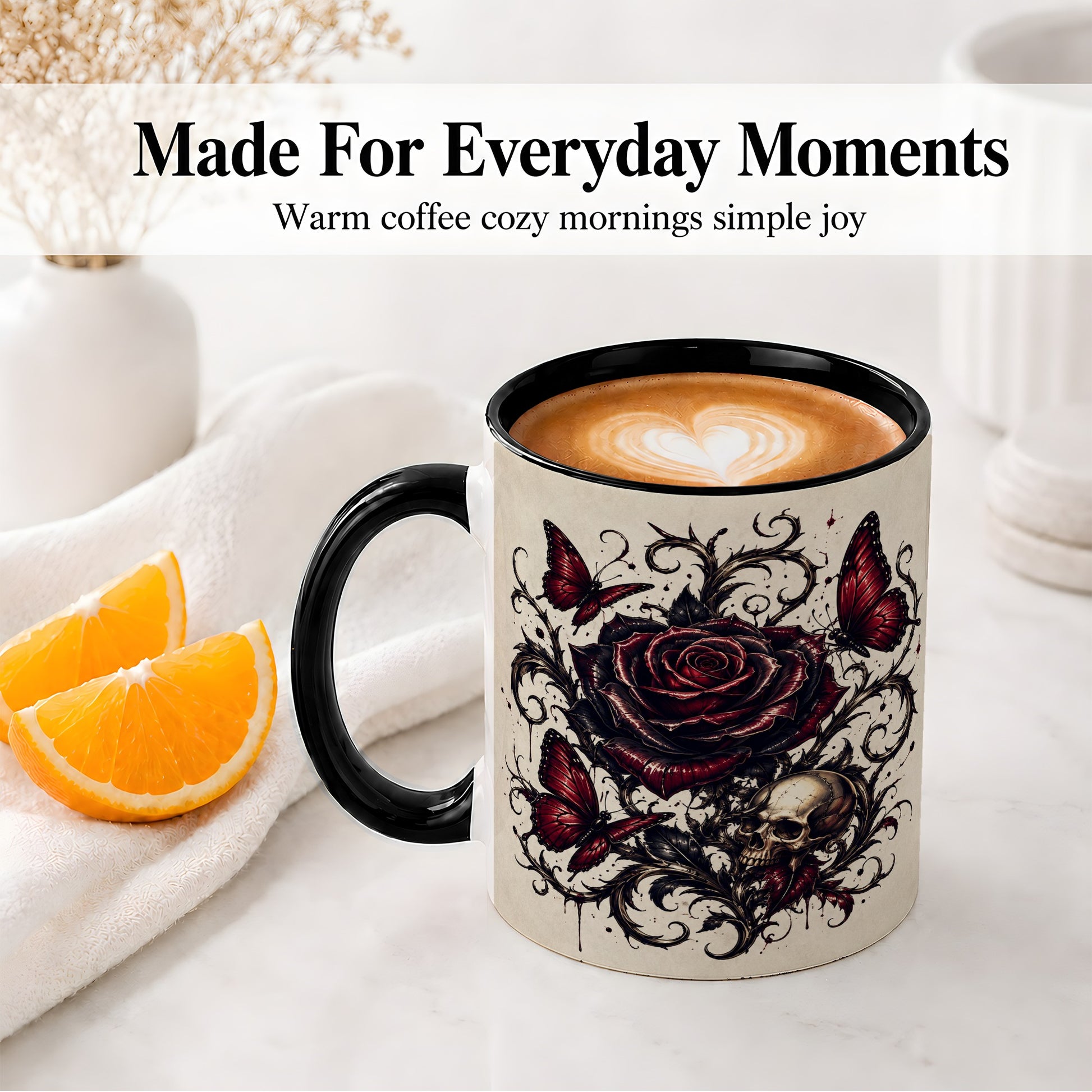 #pl[11oz|Black] Gothic Rose Skull Ceramic Mug, Red Butterfly Floral Art for Goth Fans