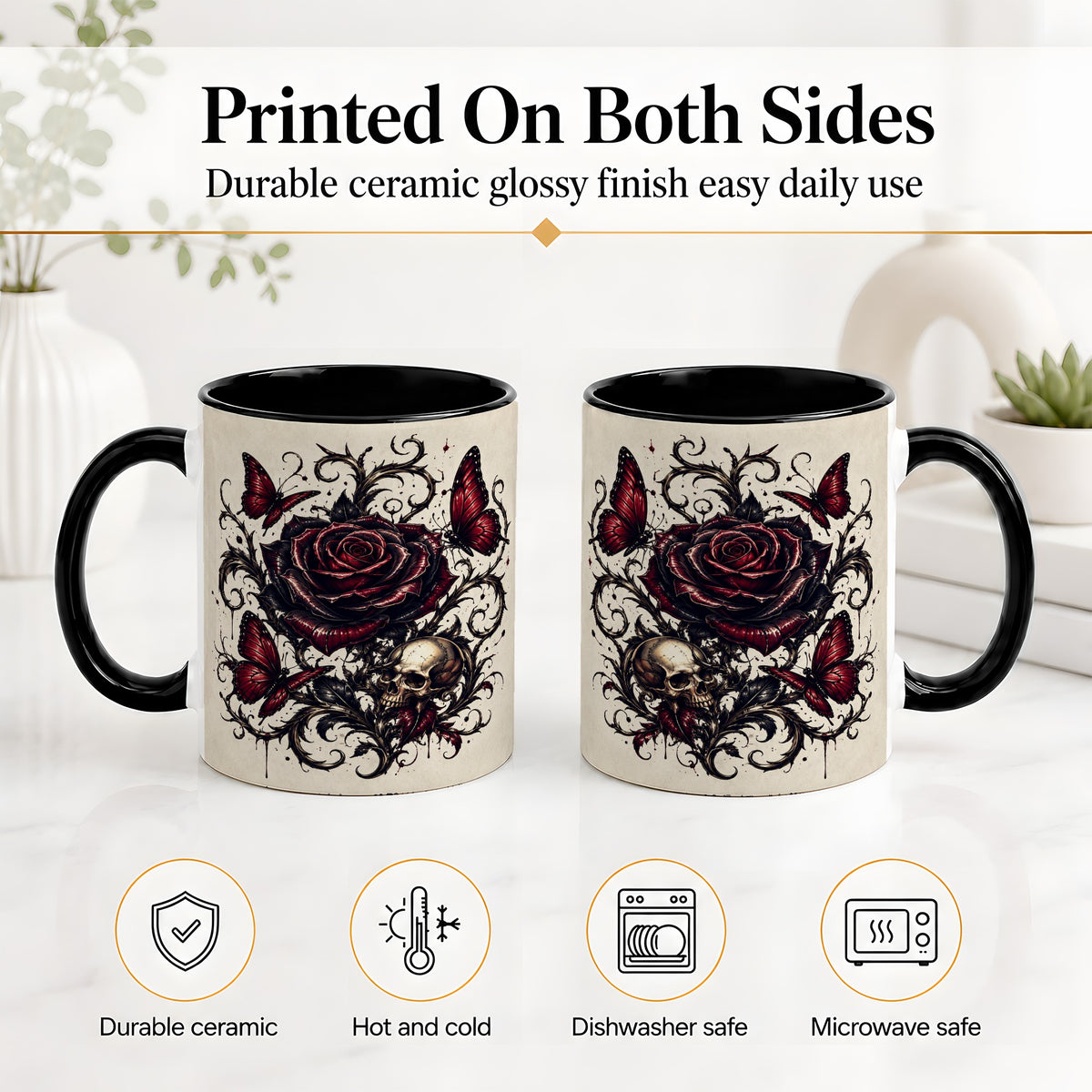 #pl[11oz|Black] Gothic Rose Skull Ceramic Mug, Red Butterfly Floral Art for Goth Fans