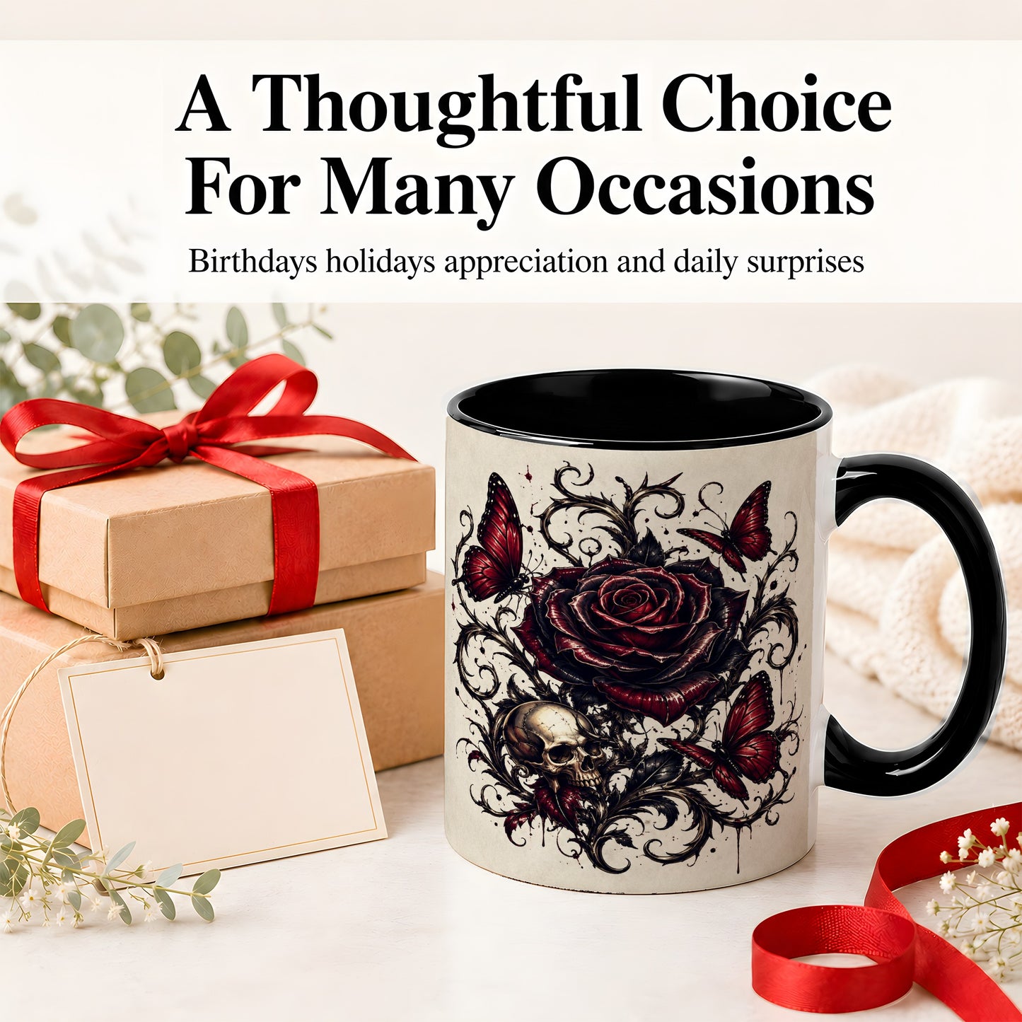 #pl[11oz|Black] Gothic Rose Skull Ceramic Mug, Red Butterfly Floral Art for Goth Fans