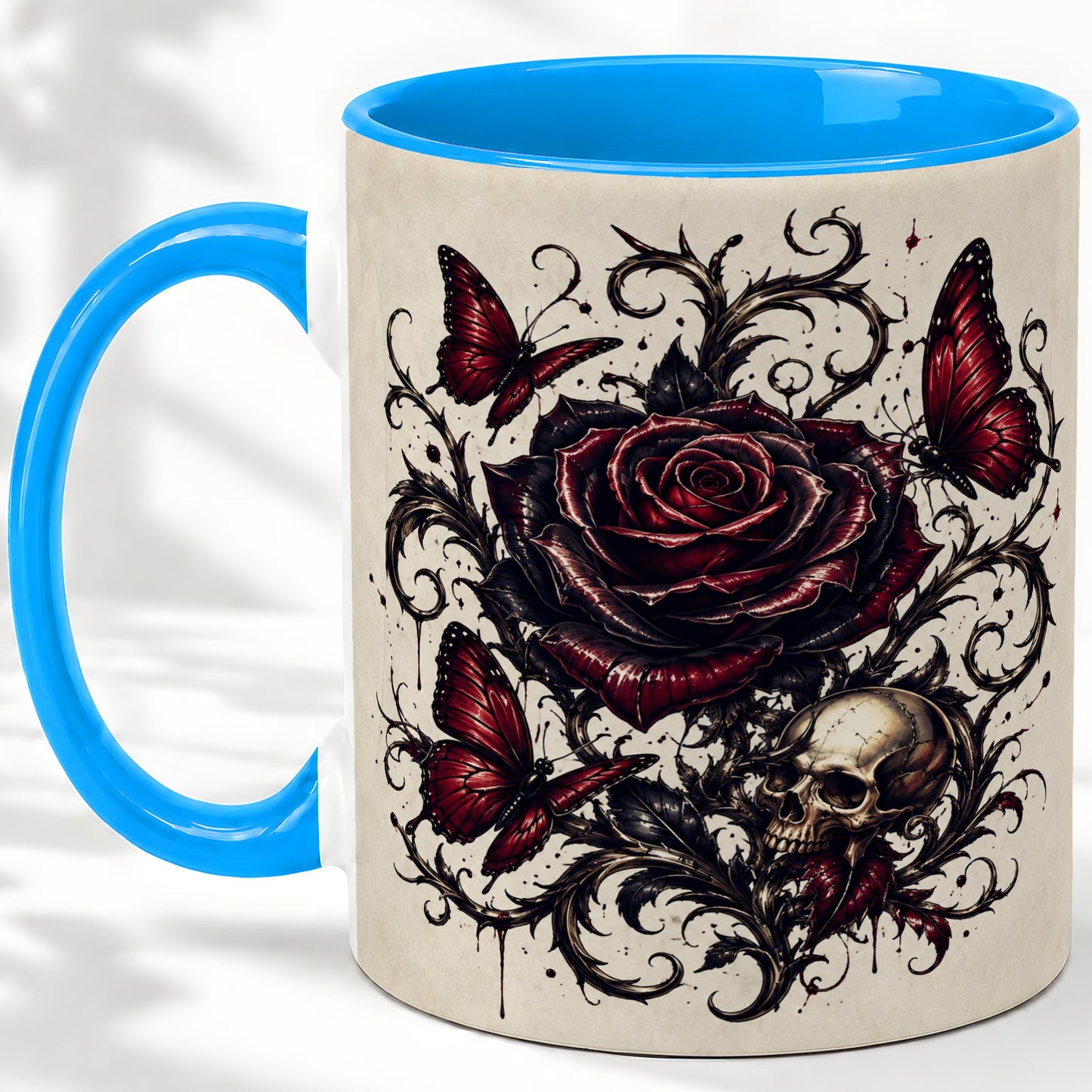 #pl[11oz|Blue] Gothic Rose Skull Ceramic Mug, Red Butterfly Floral Art for Goth Fans