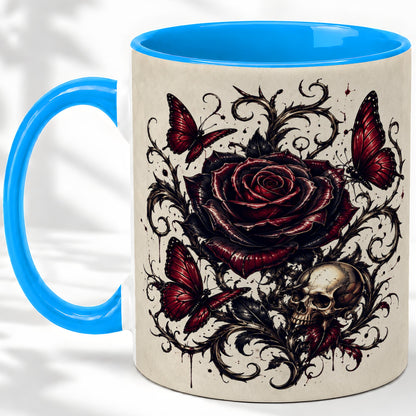 #pl[11oz|Blue] Gothic Rose Skull Ceramic Mug, Red Butterfly Floral Art for Goth Fans