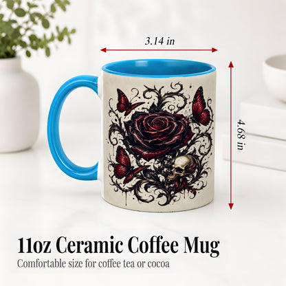 #pl[11oz|Blue] Gothic Rose Skull Ceramic Mug, Red Butterfly Floral Art for Goth Fans
