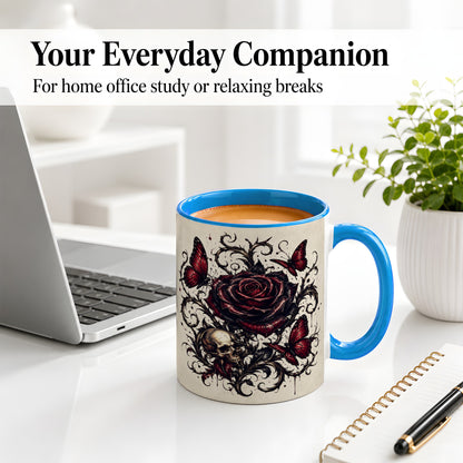 #pl[11oz|Blue] Gothic Rose Skull Ceramic Mug, Red Butterfly Floral Art for Goth Fans