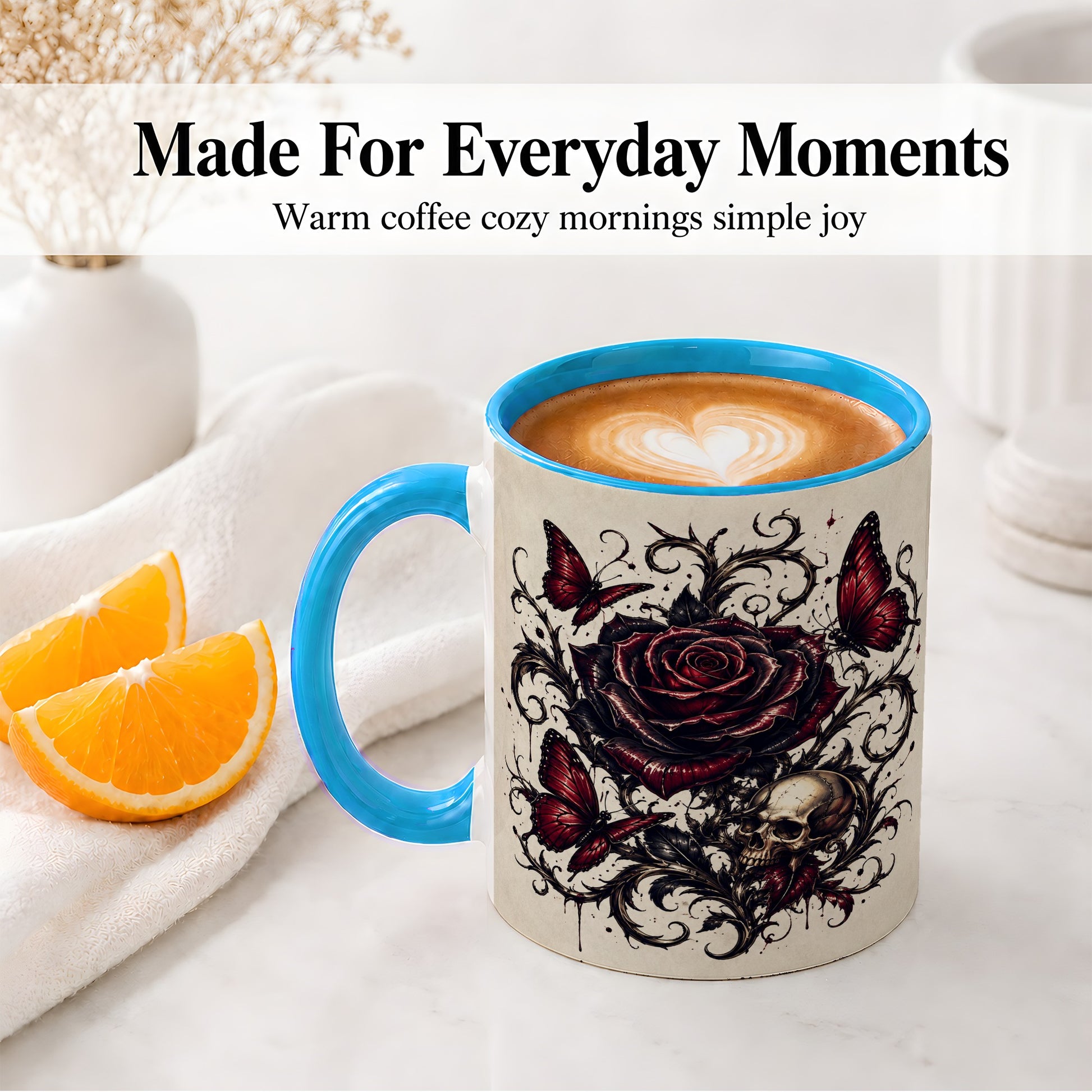 #pl[11oz|Blue] Gothic Rose Skull Ceramic Mug, Red Butterfly Floral Art for Goth Fans