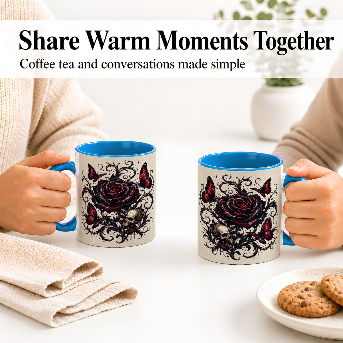 #pl[11oz|Blue] Gothic Rose Skull Ceramic Mug, Red Butterfly Floral Art for Goth Fans