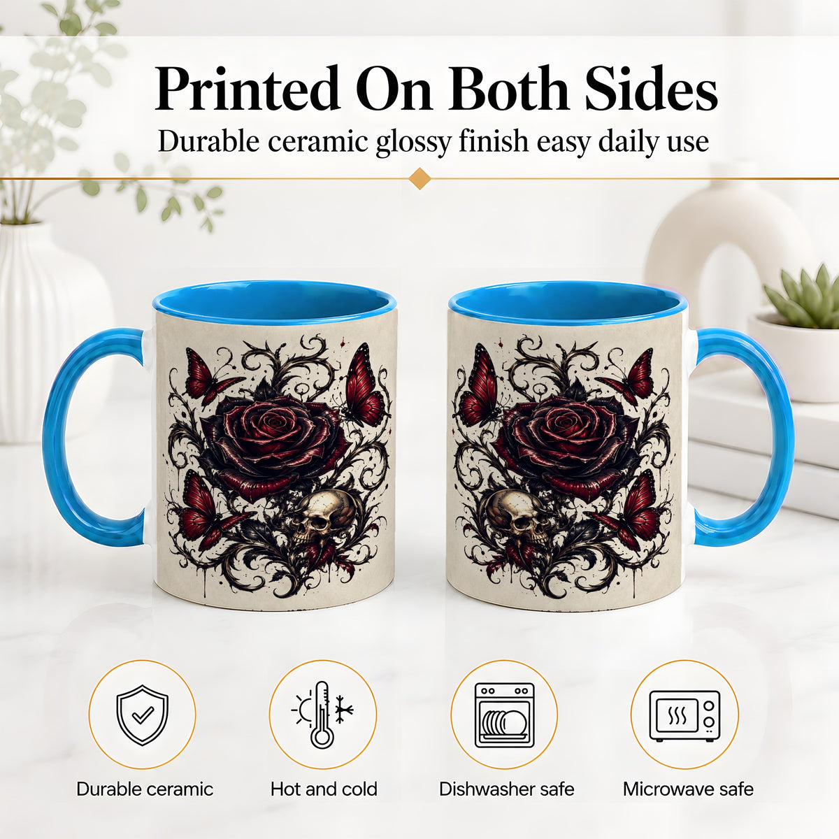 #pl[11oz|Blue] Gothic Rose Skull Ceramic Mug, Red Butterfly Floral Art for Goth Fans