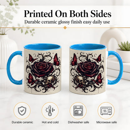 #pl[11oz|Blue] Gothic Rose Skull Ceramic Mug, Red Butterfly Floral Art for Goth Fans