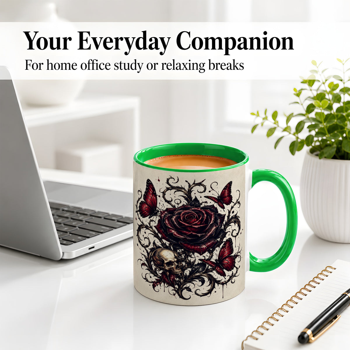 #pl[11oz|Green] Gothic Rose Skull Ceramic Mug, Red Butterfly Floral Art for Goth Fans
