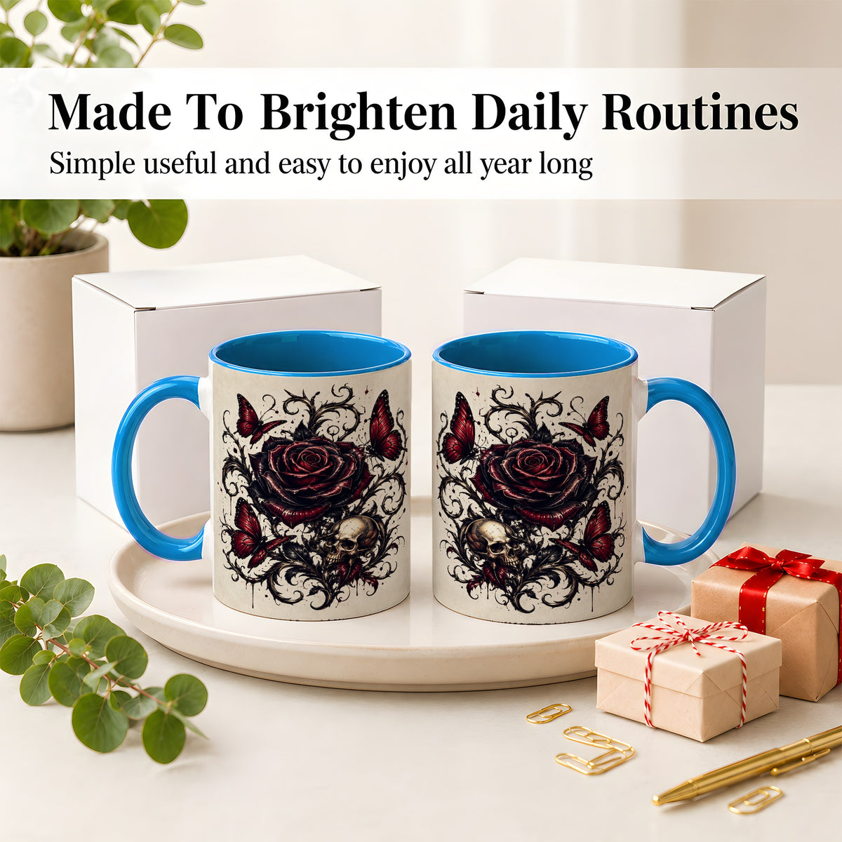 #pl[11oz|Blue] Gothic Rose Skull Ceramic Mug, Red Butterfly Floral Art for Goth Fans