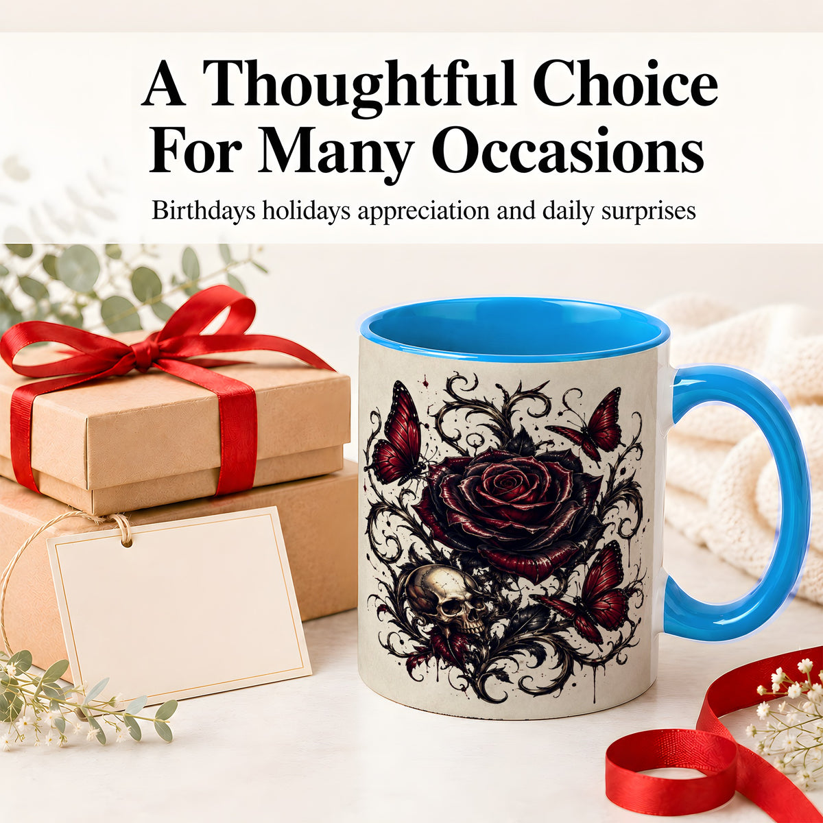 #pl[11oz|Blue] Gothic Rose Skull Ceramic Mug, Red Butterfly Floral Art for Goth Fans