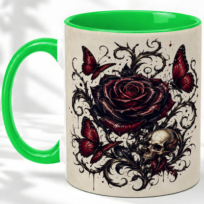 #pl[11oz|Green] Gothic Rose Skull Ceramic Mug, Red Butterfly Floral Art for Goth Fans