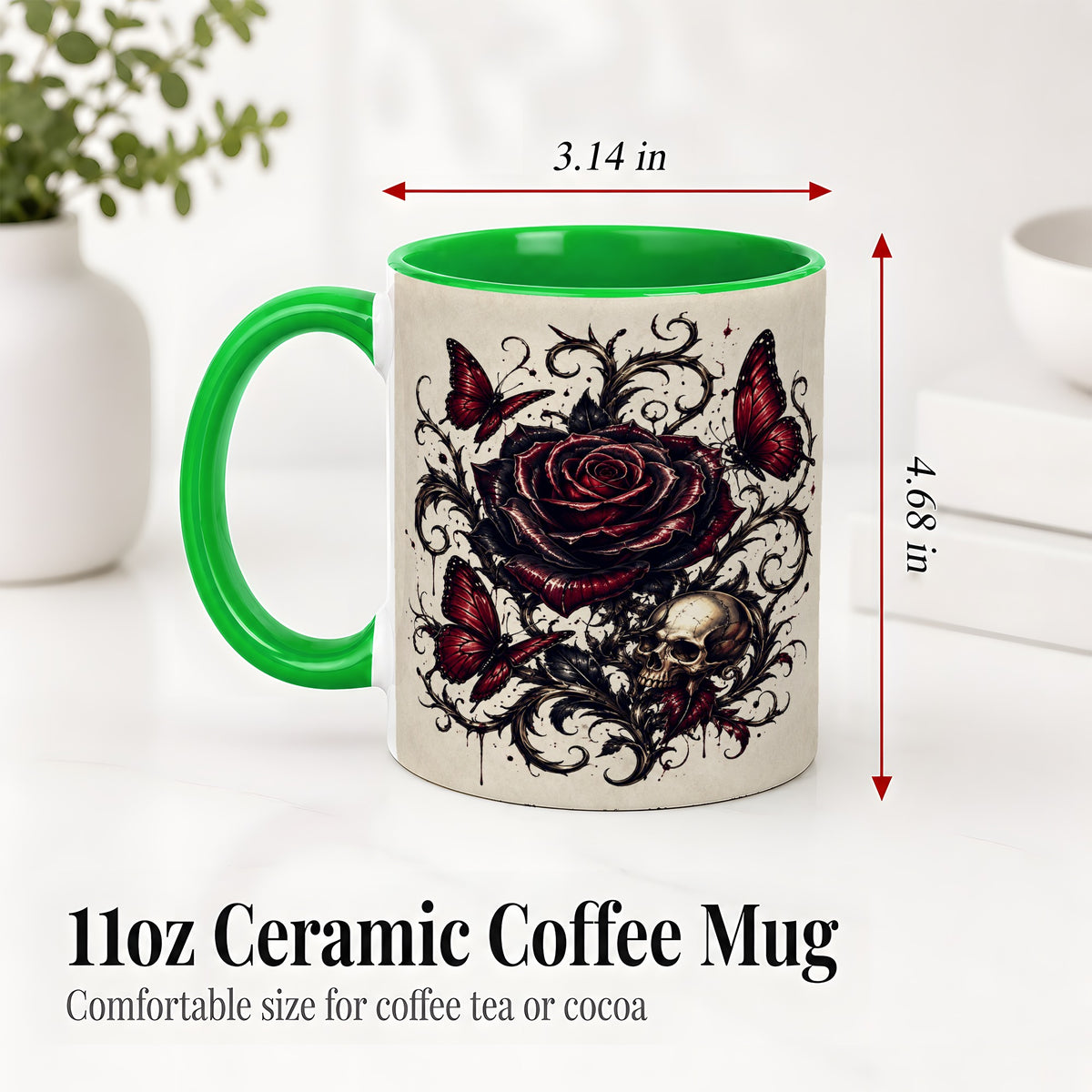 #pl[11oz|Green] Gothic Rose Skull Ceramic Mug, Red Butterfly Floral Art for Goth Fans