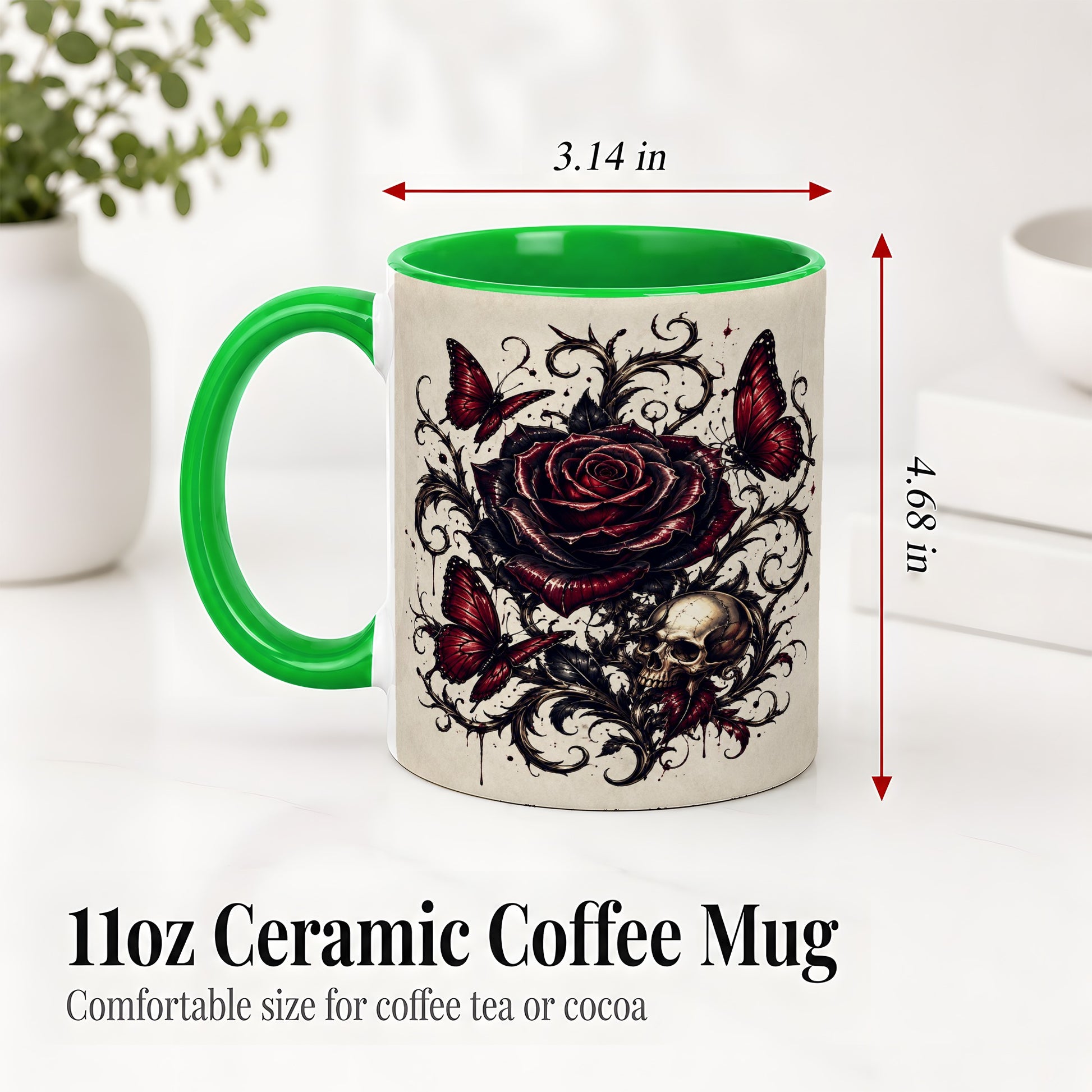 #pl[11oz|Green] Gothic Rose Skull Ceramic Mug, Red Butterfly Floral Art for Goth Fans