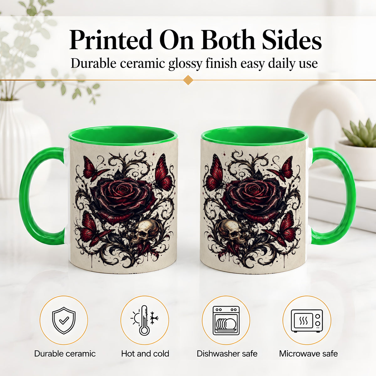 #pl[11oz|Green] Gothic Rose Skull Ceramic Mug, Red Butterfly Floral Art for Goth Fans