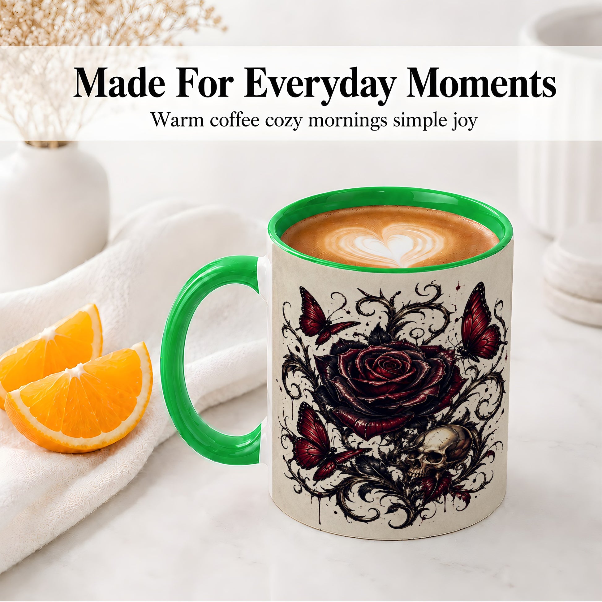 #pl[11oz|Green] Gothic Rose Skull Ceramic Mug, Red Butterfly Floral Art for Goth Fans