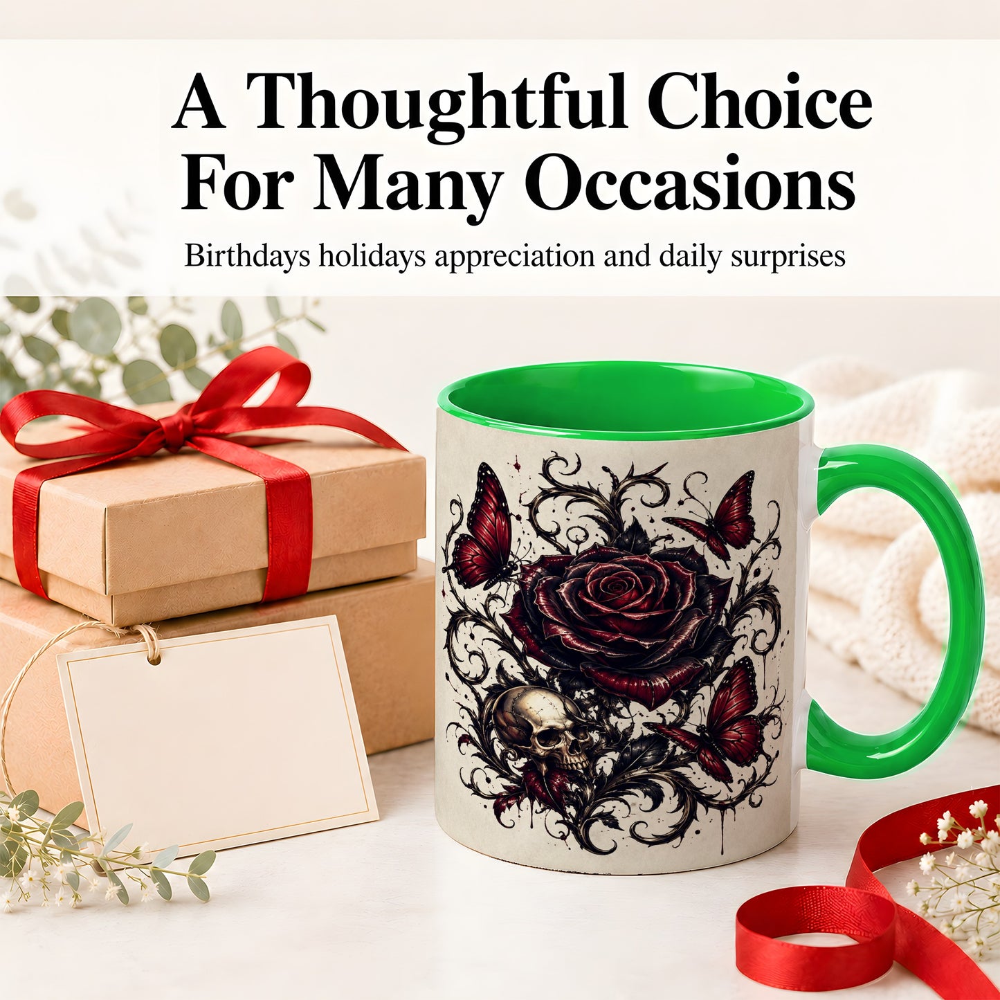 #pl[11oz|Green] Gothic Rose Skull Ceramic Mug, Red Butterfly Floral Art for Goth Fans