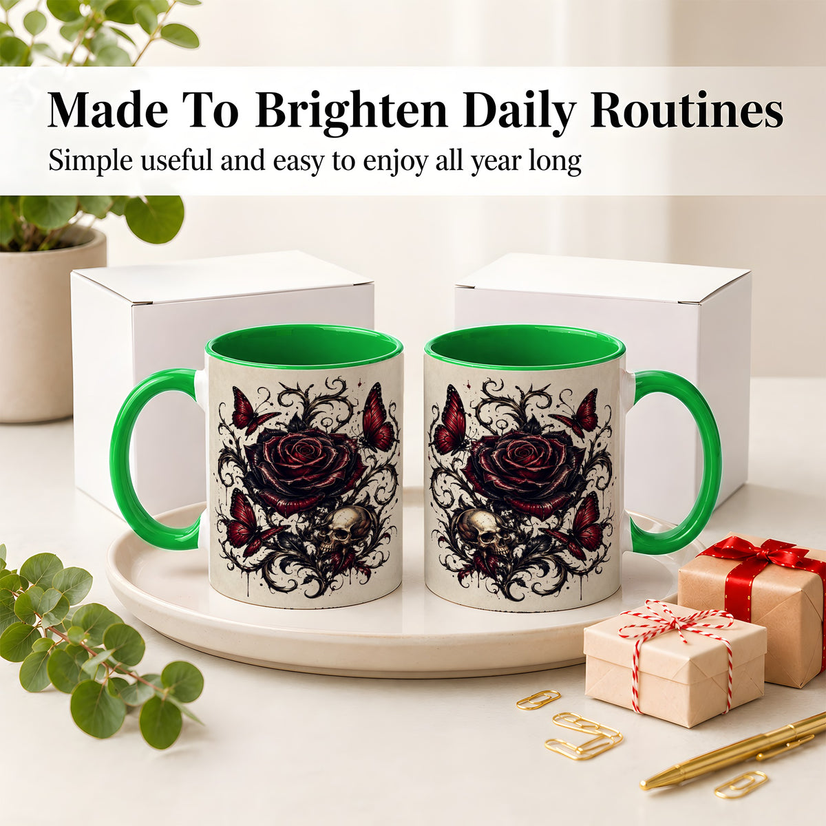 #pl[11oz|Green] Gothic Rose Skull Ceramic Mug, Red Butterfly Floral Art for Goth Fans