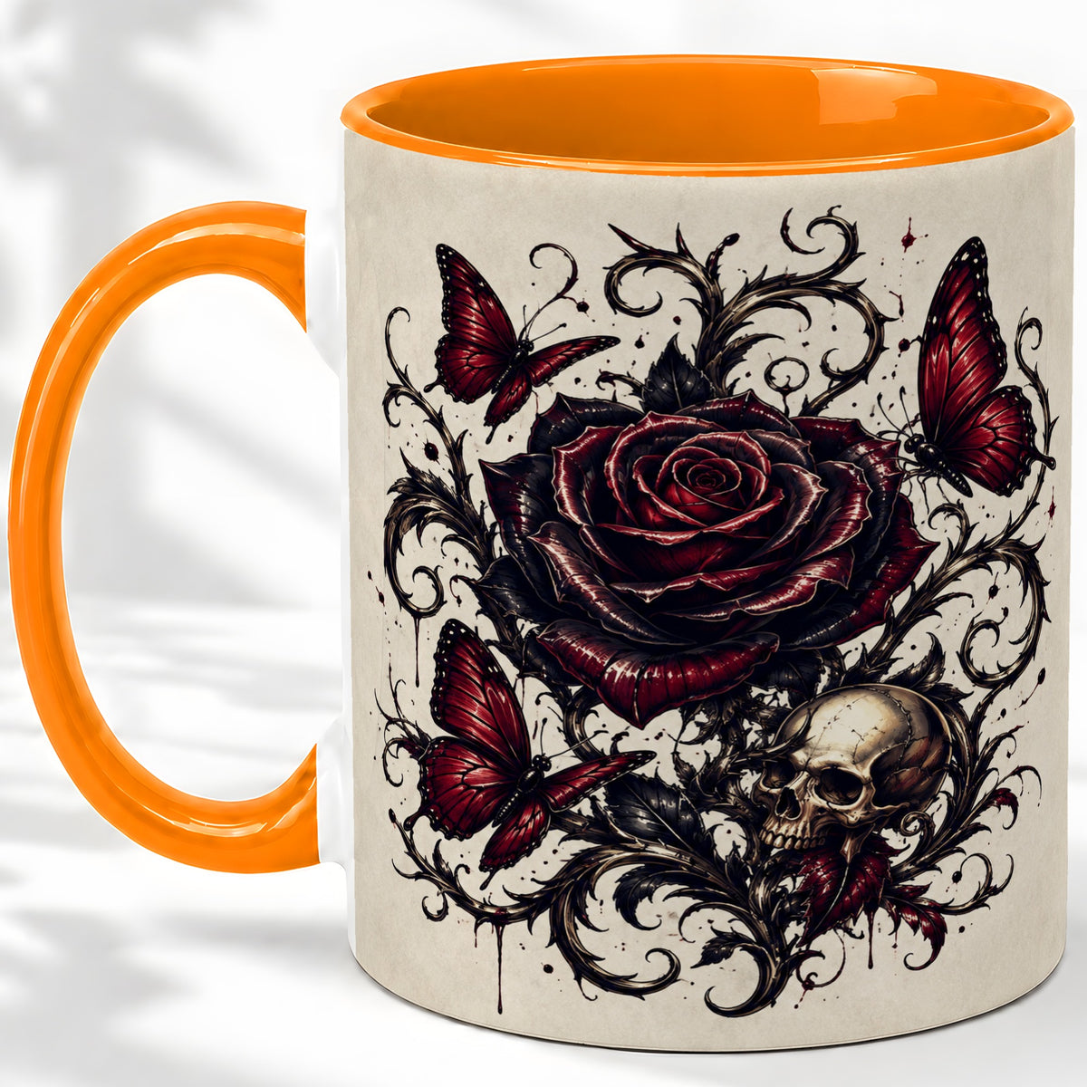#pl[11oz|Orange] Gothic Rose Skull Ceramic Mug, Red Butterfly Floral Art for Goth Fans